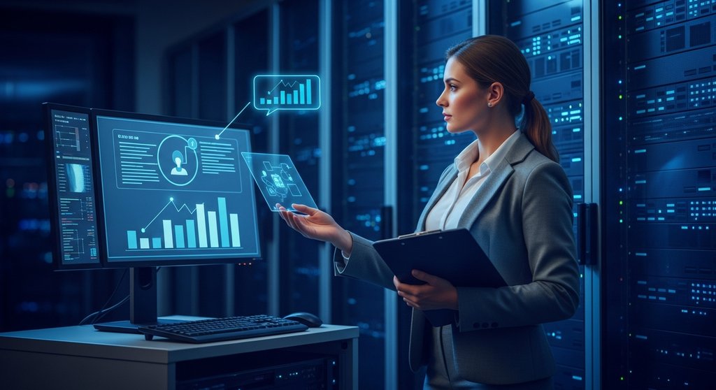 Alt-Text: Editorial style, medium shot of a concerned but determined female CEO in her late 40s, standing in a modern, minimalist server room with blurred background. She is looking directly at a server rack, her face illuminated by the subtle blue and green blinking lights. The mood is serious and contemplative, conveying responsibility and strategic thinking. Shot on 35mm camera, Kodak Portra 400 style, visible skin texture, slight film grain, muted tones, depth of field. → Unternehmerin analysiert Cyber Risiken im Serverraum ihres Unternehmens.