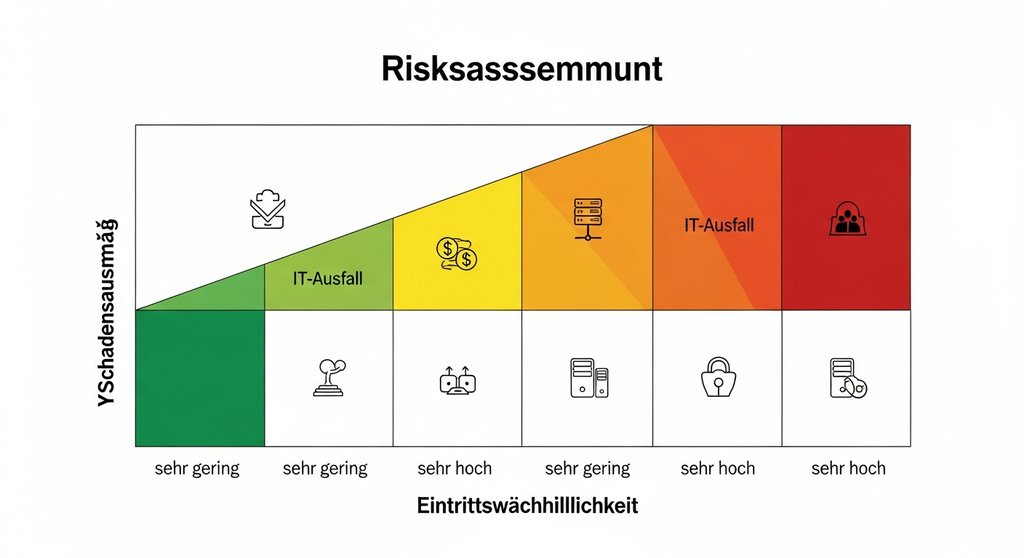 Alt-Text: Eine klare Infografik einer 5x5 Risikobewertung Matrix mit Beschriftungen. Infografik: Eine saubere und moderne Infografik einer 5x5 Risikobewertung Matrix in deutscher Sprache. Die X-Achse ist mit 'Eintrittswahrscheinlichkeit' (von 'sehr gering' bis 'sehr hoch') und die Y-Achse mit 'Schadensausmaß' (von 'sehr gering' bis 'sehr hoch') beschriftet. Die Felder sind farblich kodiert: unten links grün, diagonal nach oben rechts gelb und orange, oben rechts rot. In einigen Feldern sind beispielhaft Icons für Risiken platziert, z.B. ein Server-Icon für 'IT-Ausfall' im roten Bereich.