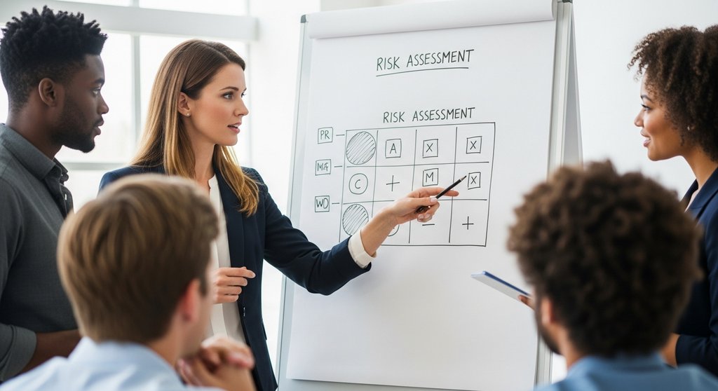Alt-Text: Eine Projektmanagerin erklärt ihrem Team eine Risikomatrix auf einem Whiteboard. Environmental Portrait, Shot on DSLR, candid shot of a female project manager in a bright meeting room, pointing to a hand-drawn risk assessment matrix on a large whiteboard. Her diverse team is gathered around, listening attentively. The focus is on the collaborative and problem-solving atmosphere. Natural light from the side, visible skin texture, true-to-life colors, blurred background to emphasize the people.