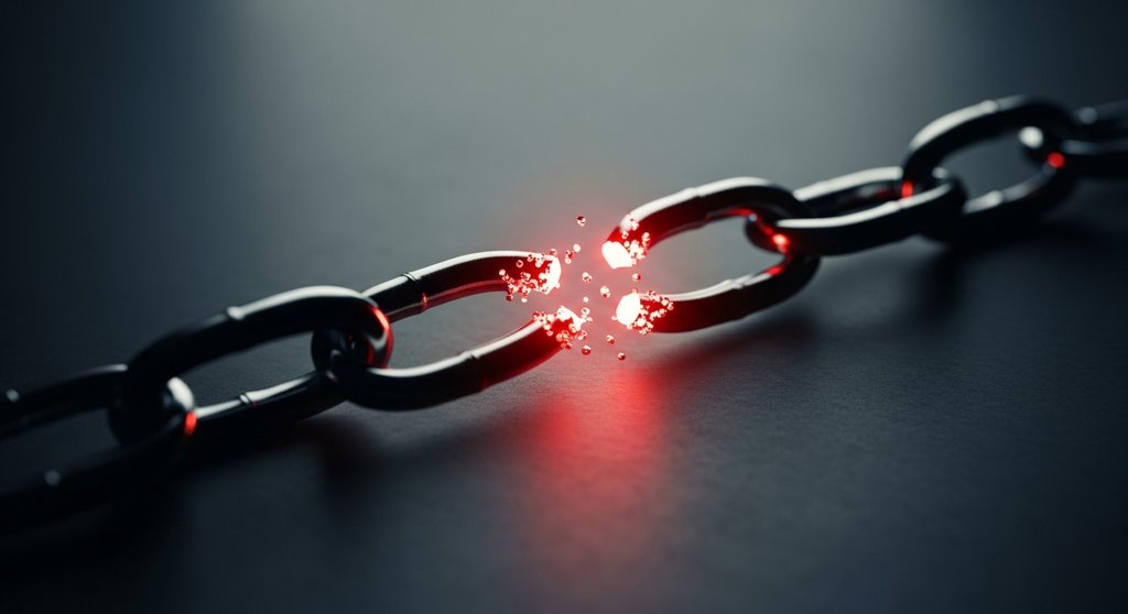 Alt-Text: High resolution photography, a symbolic image showing a broken digital chain on a dark background, with a single glowing red link representing a ransomware breach. The focus is sharp on the broken link, with a shallow depth of field. The style is abstract and conceptual, conveying the idea of a security failure. Muted tones, dramatic lighting. → Symbolbild für ein durchbrochenes Cyber-Sicherheitskonzept durch Ransomware.