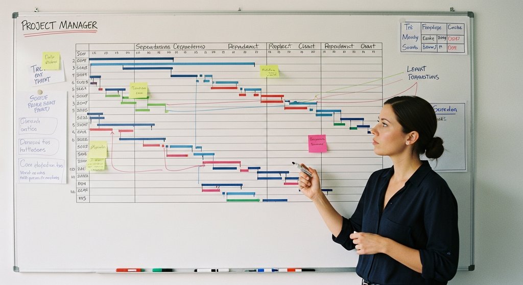 Alt-Text: Projektmanagerin analysiert ein großes, manuell erstelltes Gantt-Diagramm. Environmental portrait of a female engineer standing in front of a massive whiteboard covered with a hand-drawn Gantt chart, sticky notes, and dependency lines. She is looking thoughtfully at the board, holding a marker. The shot captures her expertise and control over the project. Candid shot, natural lighting. Shot on analog film, visible skin texture.