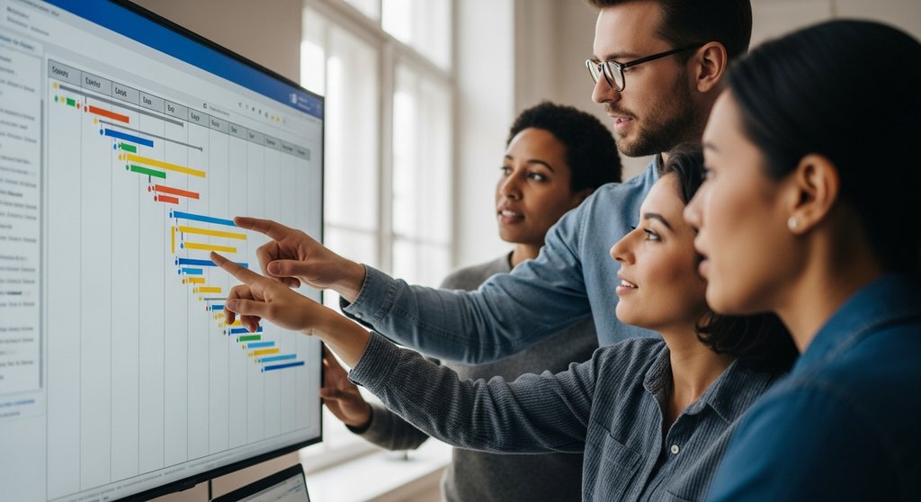 Alt-Text: Team bespricht ein Gantt-Diagramm auf einem digitalen Bildschirm zur Projektplanung. Medium shot of a diverse team of three professionals in a modern, bright office, collaborating around a large digital screen displaying a colorful Gantt chart. One person is pointing at a specific task bar, engaging in a focused discussion. The atmosphere is concentrated but positive. Soft, natural light from a window. Depth of field with a slightly blurred background. Shot on 35mm camera, Kodak Portra 400 style, true-to-life colors, visible skin texture.