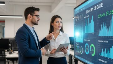 Business-Analysten diskutieren über den Unterschied zwischen Business Intelligence und Business Analytics vor einem interaktiven Dashboard.