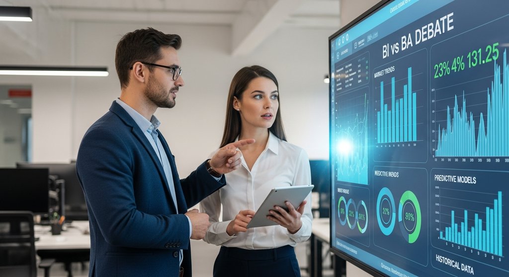 Business-Analysten diskutieren über den Unterschied zwischen Business Intelligence und Business Analytics vor einem interaktiven Dashboard.