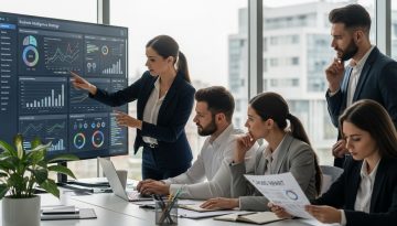 Business Intelligence Strategie in der Umsetzung: Ein Team analysiert Daten auf einem Dashboard.