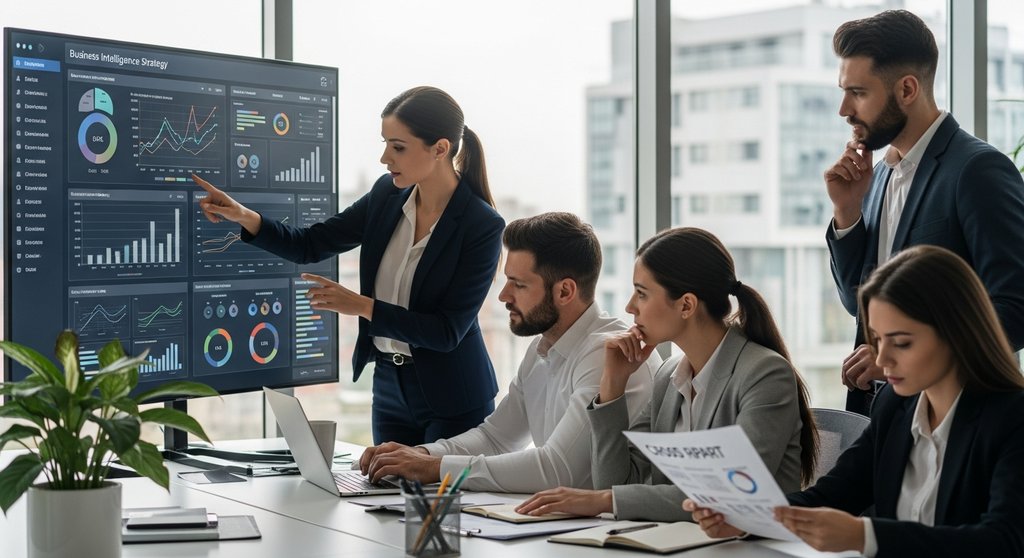 Business Intelligence Strategie in der Umsetzung: Ein Team analysiert Daten auf einem Dashboard.