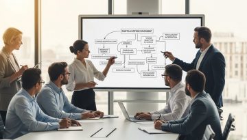 Change Management in der Digitalisierung: Ein Team diskutiert engagiert über eine digitale Strategie an einem Whiteboard.