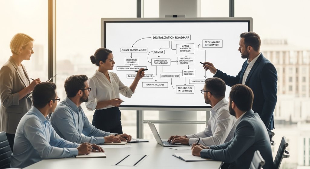 Change Management in der Digitalisierung: Ein Team diskutiert engagiert über eine digitale Strategie an einem Whiteboard.