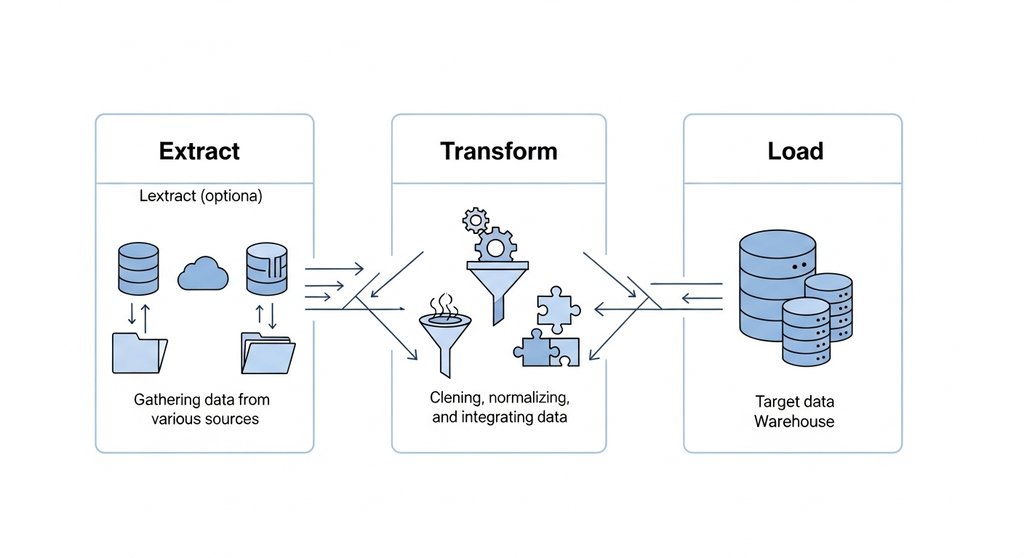 Diagramm, das die drei Phasen des ETL-Prozesses zeigt: Extract, Transform, Load.