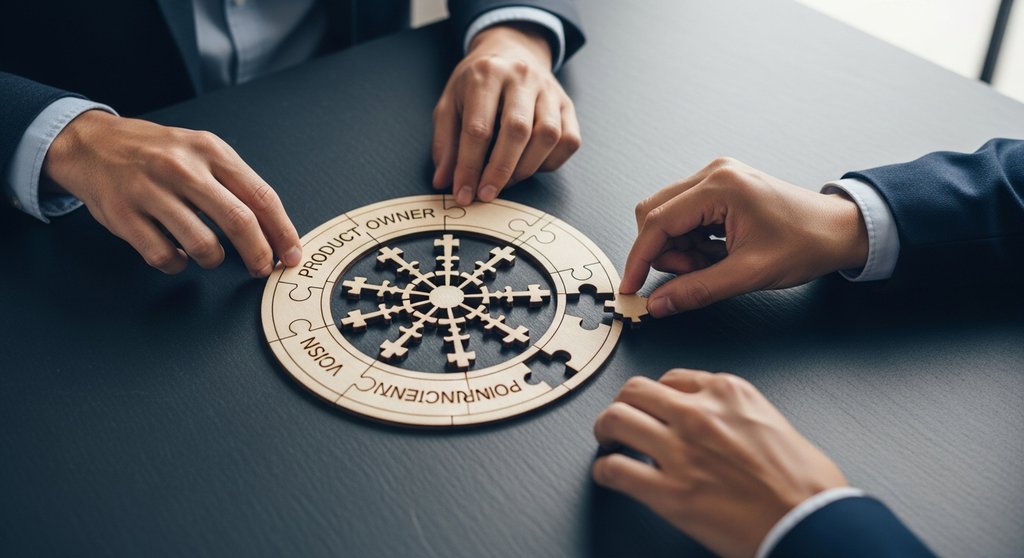 Die drei Scrum Rollen – Product Owner, Team und Scrum Master – arbeiten als Team an einem Puzzle.