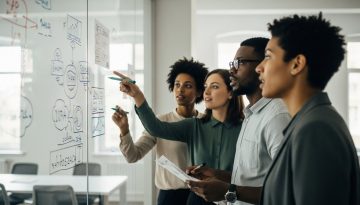 Digitale Kultur: Ein Team arbeitet kreativ und kollaborativ in einem modernen Büro. Editorial Style Fotografie, aufgenommen mit einer 35mm Kamera, um eine authentische Atmosphäre zu schaffen. Medium Shot einer diversen Gruppe von drei Personen (zwei Frauen, ein Mann) in einem lichtdurchfluteten, minimalistischen Meetingraum. Sie stehen vor einer Glaswand, auf der mit bunten Markern komplexe Diagramme und Ideen skizziert sind. Eine Person zeigt auf einen Punkt, die anderen schauen konzentriert und engagiert zu. Der Fokus liegt auf der dynamischen Interaktion und dem 'Aha'-Moment. Gedeckte, naturgetreue Farben im Stil von Kodak Portra 400, leichter Filmkorn-Effekt. Weiches, natürliches Licht von der Seite. Unscharfer Hintergrund (Bokeh), um die Personen hervorzuheben. Die Kleidung ist Business Casual, aber individuell. Authentische Emotionen, kein gestelltes Lächeln. →