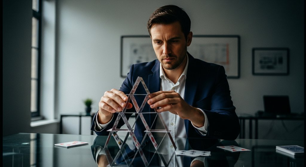 Editorial style, medium shot of a focused business leader in a modern, minimalist office, carefully arranging a complex house of cards on a glass table. The lighting is dramatic, coming from one side, creating long shadows. The person's expression is one of deep concentration and care, highlighting the fragility and importance of their work. Shot on 35mm camera, Kodak Portra 400 style, slight film grain, depth of field with a blurred background showing subtle office elements. True-to-life colors. → Eine Person baut konzentriert ein Kartenhaus als Metapher für das Management von Reputationsrisiken.