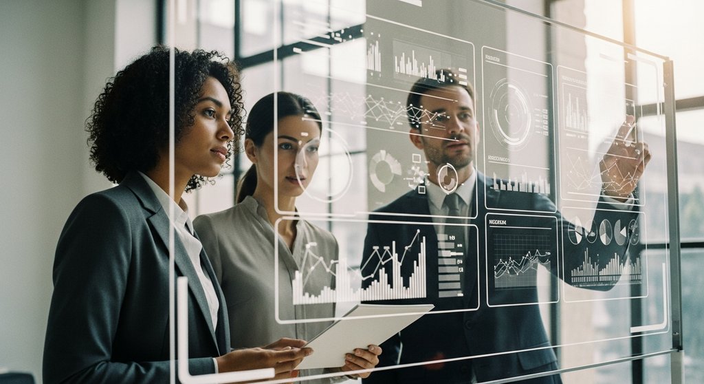 Editorial style photo, medium shot of a diverse team of three business professionals in a modern, sunlit office, intently looking at a large transparent screen displaying complex but elegant data visualizations and charts. One person is pointing to a specific data point, sparking a discussion. The mood is collaborative and focused, conveying a sense of discovery and strategic insight. Shot on 35mm camera, Kodak Portra 400 style, with a slight film grain and shallow depth of field to draw focus to the team. Muted, professional color palette.