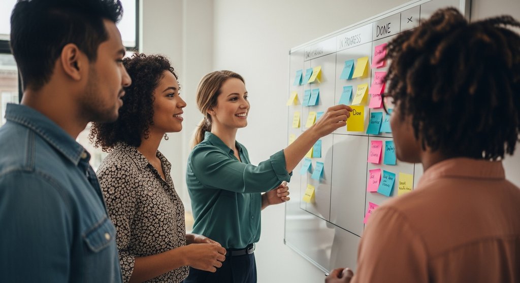 Ein agiles Team arbeitet an einem Kanban-Board mit bunten Haftnotizen.