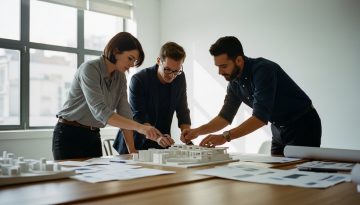 Ein agiles Team arbeitet konzentriert mit der Scrum Methode an einem Projektmodell.