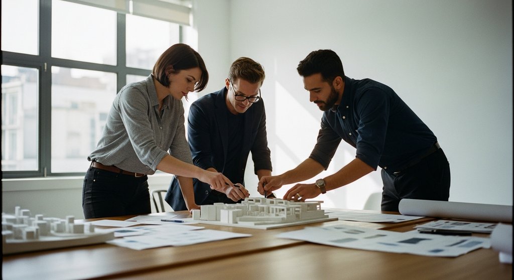 Ein agiles Team arbeitet konzentriert mit der Scrum Methode an einem Projektmodell.