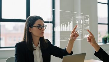Ein Business Intelligence Analyst analysiert in einem modernen Büro eine interaktive Datenvisualisierung.