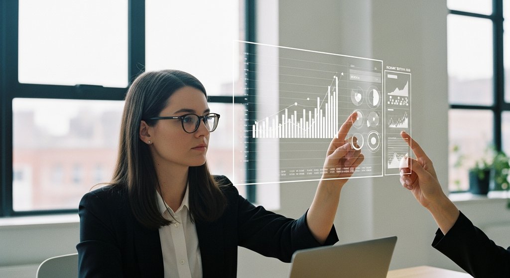 Ein Business Intelligence Analyst analysiert in einem modernen Büro eine interaktive Datenvisualisierung.