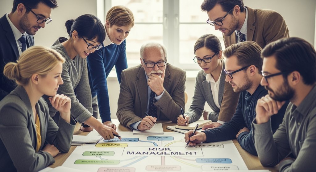 Ein diverses Team arbeitet kollaborativ an einer Risikomanagement-Strategie.