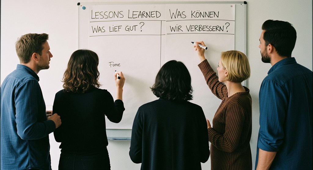 Ein diverses Team arbeitet konzentriert an einem Whiteboard mit Lessons Learned. Editorial Style Fotografie. Eine Gruppe von vier Personen unterschiedlichen Alters und Geschlechts steht vor einem großen Whiteboard, das in zwei Spalten unterteilt ist: „Was lief gut?“ und „Was können wir verbessern?“. Sie diskutieren angeregt, eine Frau schreibt mit einem Marker auf das Board. Authentische, konzentrierte Gesichtsausdrücke. Weiches, natürliches Licht, gedämpfte Farben. High resolution photography, shot on 35mm camera, slight film grain, candid shot.