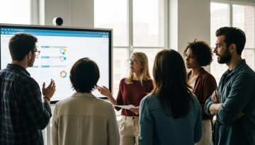 Ein diverses Team, das in einem modernen Büro um einen interaktiven Bildschirm herumsteht und engagiert über ein Projekt diskutiert. Editorial Style, authentische Emotionen der Konzentration und Zusammenarbeit. Medium Shot aus einer leicht erhöhten Perspektive, um die Dynamik einzufangen. Das Licht ist natürlich und kommt von großen Fenstern, was eine helle, optimistische Atmosphäre schafft. Die Farben sind gedämpft und naturgetreu. Shot on 35mm camera, Kodak Portra 400 style, visible skin texture, slight film grain, depth of field. → Ein Team diskutiert engagiert vor einem Bildschirm mit Projektmanagement-Tools.