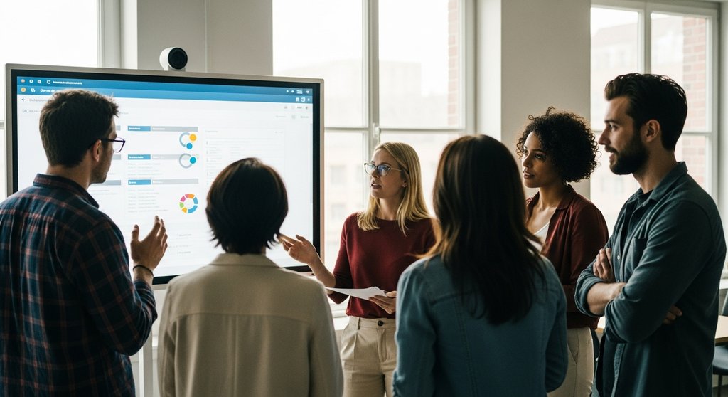 Ein diverses Team, das in einem modernen Büro um einen interaktiven Bildschirm herumsteht und engagiert über ein Projekt diskutiert. Editorial Style, authentische Emotionen der Konzentration und Zusammenarbeit. Medium Shot aus einer leicht erhöhten Perspektive, um die Dynamik einzufangen. Das Licht ist natürlich und kommt von großen Fenstern, was eine helle, optimistische Atmosphäre schafft. Die Farben sind gedämpft und naturgetreu. Shot on 35mm camera, Kodak Portra 400 style, visible skin texture, slight film grain, depth of field. → Ein Team diskutiert engagiert vor einem Bildschirm mit Projektmanagement-Tools.