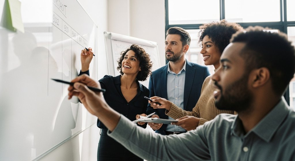 Ein engagiertes Projektteam diskutiert während eines Kick-Off Meetings an einem Whiteboard.