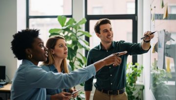 Ein engagiertes Team arbeitet an einem Whiteboard und zeigt die positive Wirkung von geförderter Mitarbeitermotivation.