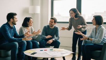 Ein engagiertes Team diskutiert in positiver Atmosphäre, was eine gute Unternehmenskultur ausmacht.
