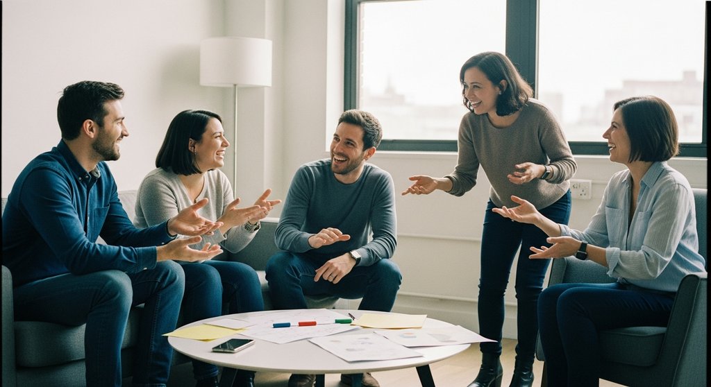 Ein engagiertes Team diskutiert in positiver Atmosphäre, was eine gute Unternehmenskultur ausmacht.