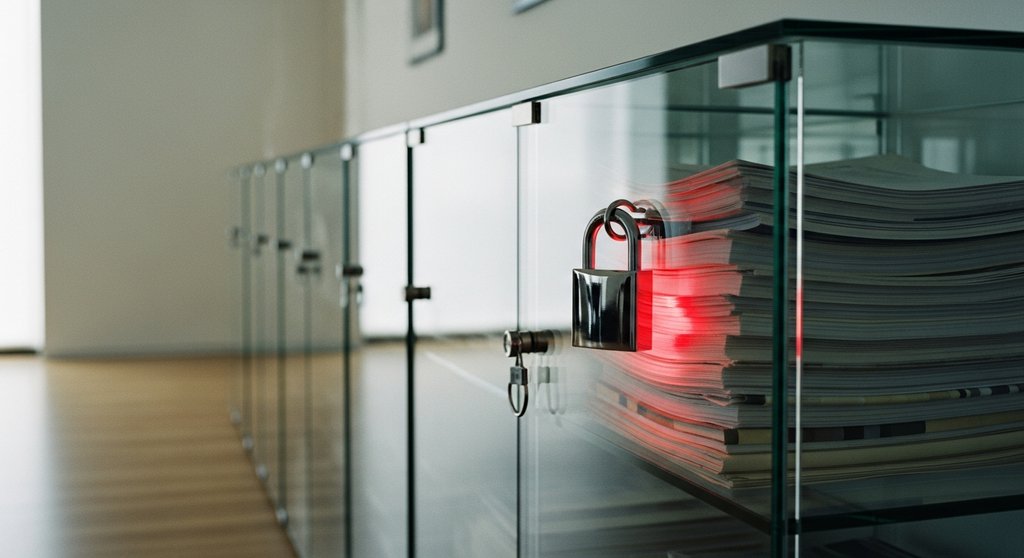 Ein gläserner Aktenschrank mit einem roten Schloss als Symbol für Datenschutz und Compliance.