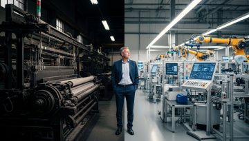 Ein Ingenieur betrachtet den Wandel von einer alten Fabrik zu einer modernen Smart Factory als Beispiel für digitale Transformation.