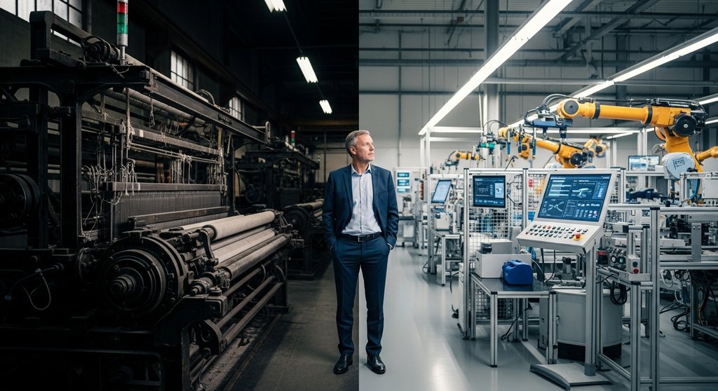 Ein Ingenieur betrachtet den Wandel von einer alten Fabrik zu einer modernen Smart Factory als Beispiel für digitale Transformation.