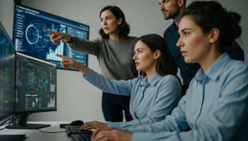 Ein IT-Expertenteam analysiert konzentriert Daten für das IT Risikomanagement.