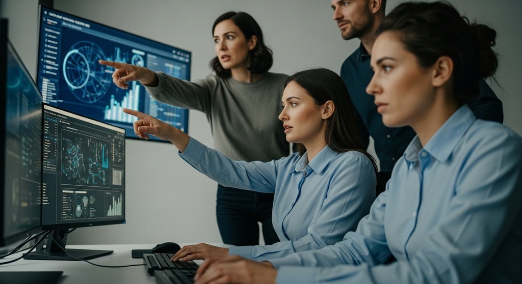 Ein IT-Expertenteam analysiert konzentriert Daten für das IT Risikomanagement.