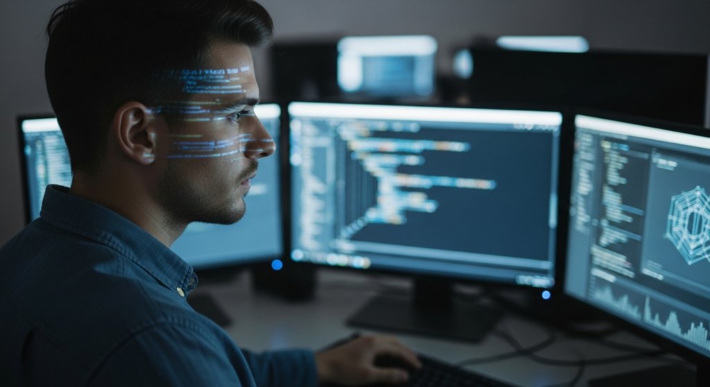 Ein IT-Sicherheitsexperte bei der Risikoanalyse am Computer.