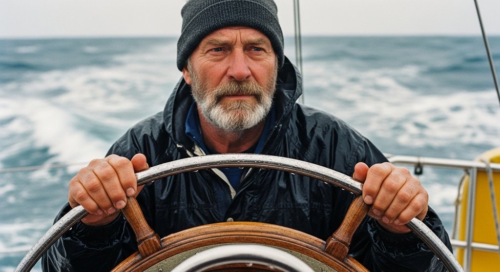 Ein Kapitän steuert sein Schiff sicher durch stürmische See als Metapher für die strategische Steuerung finanzieller Risiken.