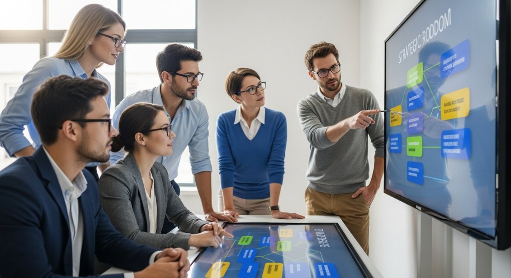 Ein Management-Team entwickelt eine digitale Transformationsstrategie auf einem interaktiven Display.