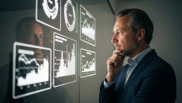 Ein Manager analysiert den Digitalisierungsgrad seines Unternehmens an einer interaktiven Datenwand.