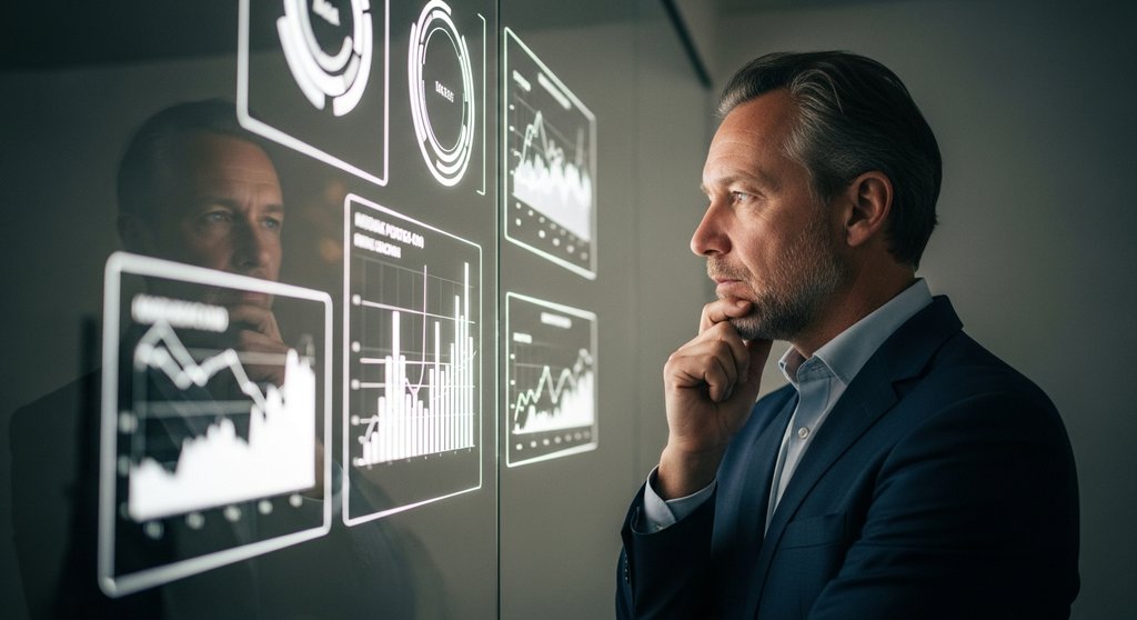 Ein Manager analysiert den Digitalisierungsgrad seines Unternehmens an einer interaktiven Datenwand.