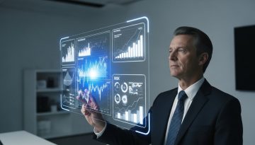 Ein Manager analysiert finanzielle Risiken auf einem futuristischen Bildschirm, was die Wichtigkeit von Risikomanagement symbolisiert.