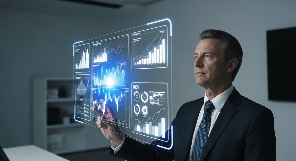 Ein Manager analysiert finanzielle Risiken auf einem futuristischen Bildschirm, was die Wichtigkeit von Risikomanagement symbolisiert.