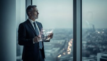Ein Manager analysiert strategische Risiken mit Blick auf eine Stadt bei Dämmerung.