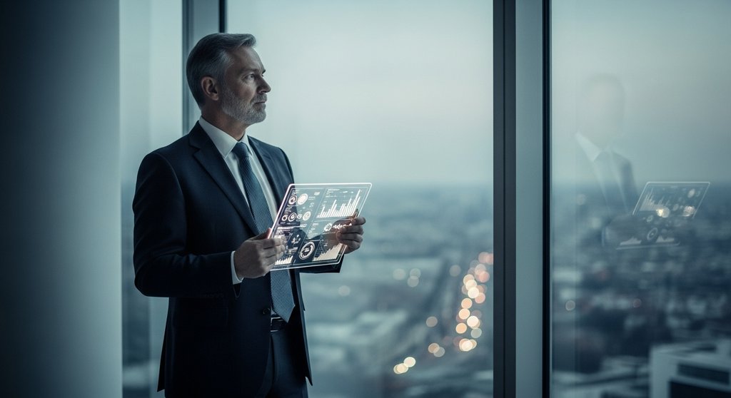 Ein Manager analysiert strategische Risiken mit Blick auf eine Stadt bei Dämmerung.