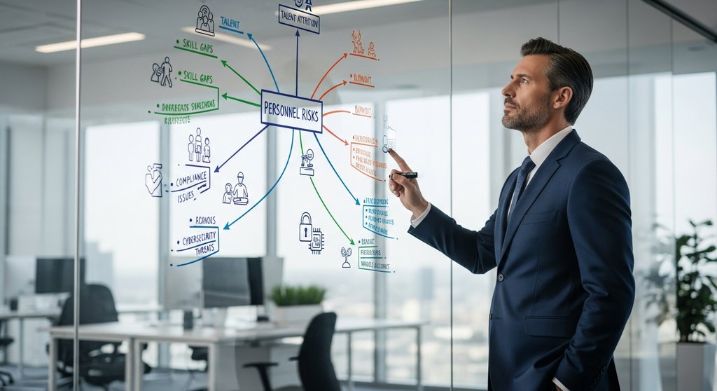 Ein Manager betrachtet nachdenklich eine komplexe Mindmap an einer Glaswand, die verschiedene Personalrisiken symbolisiert.