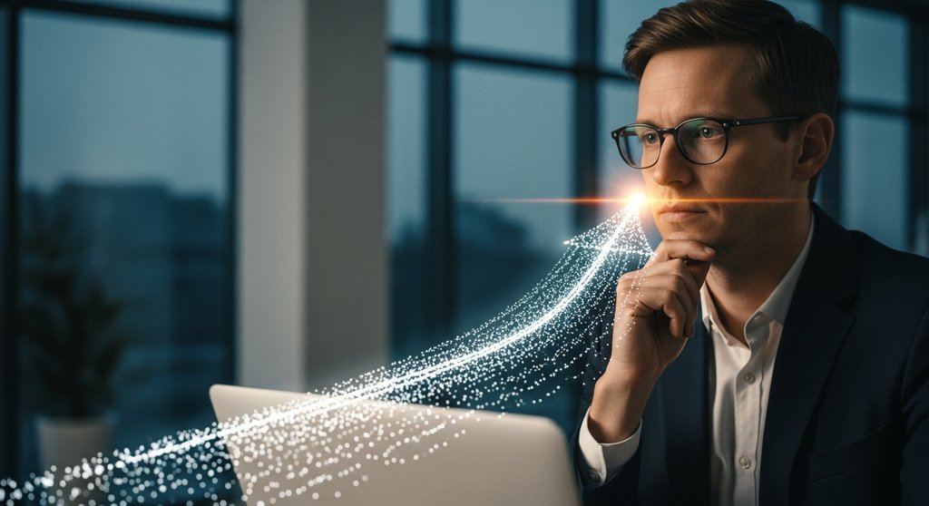 Ein Manager blickt auf eine leuchtende 3D-Datenvisualisierung, die einen klaren Weg nach vorne anzeigt, was die Vorteile von Business Intelligence symbolisiert. Shot on 35mm camera, editorial style, medium shot of a thoughtful business person in a modern, minimalist office at dusk. The focus is on a holographic, glowing data stream in front of them, forming a clear, ascending path. The background is blurred (bokeh), emphasizing the clarity the data provides. Muted tones, true-to-life colors with a slight film grain, Kodak Portra 400 style. Visible skin texture and natural expression.