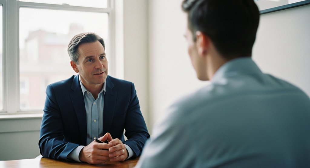 Ein Manager hört einem Mitarbeiter aufmerksam zu als Zeichen der Wertschätzung, um die Mitarbeiterfluktuation zu senken.