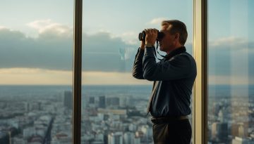 Ein Manager nutzt ein Fernglas zur Früherkennung von Risiken am Horizont der Stadt.