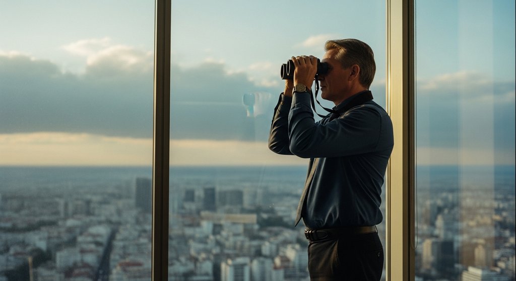 Ein Manager nutzt ein Fernglas zur Früherkennung von Risiken am Horizont der Stadt.
