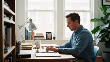 Ein Mann arbeitet konzentriert an seinem Laptop an einem ergonomischen Arbeitsplatz im Homeoffice.